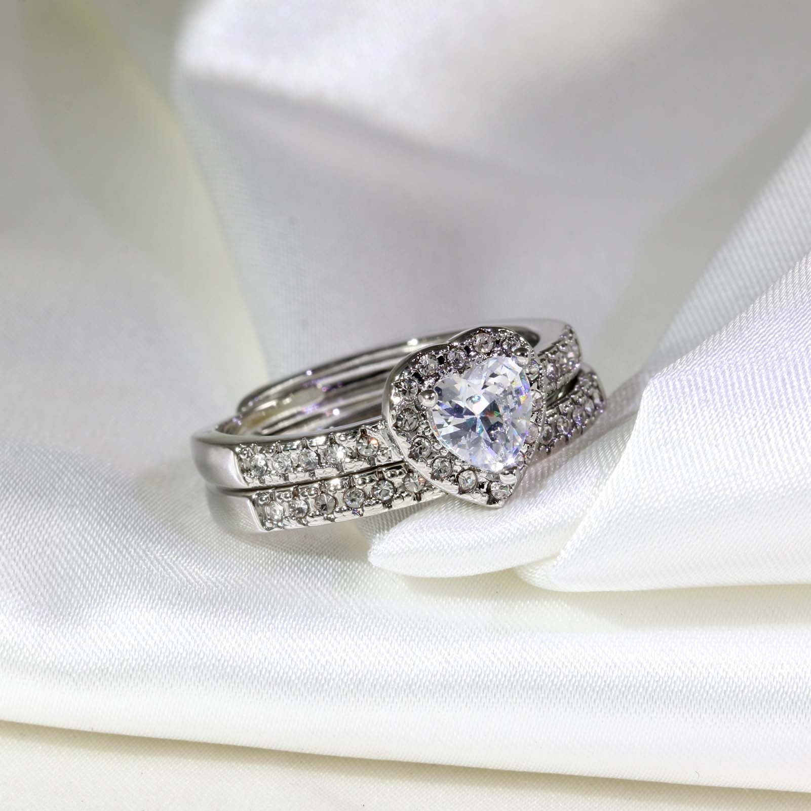 Heart Matching Rings Couple Rings 10Kt White Gold Plated 1Ct CZ Wedding Ring Set for Women