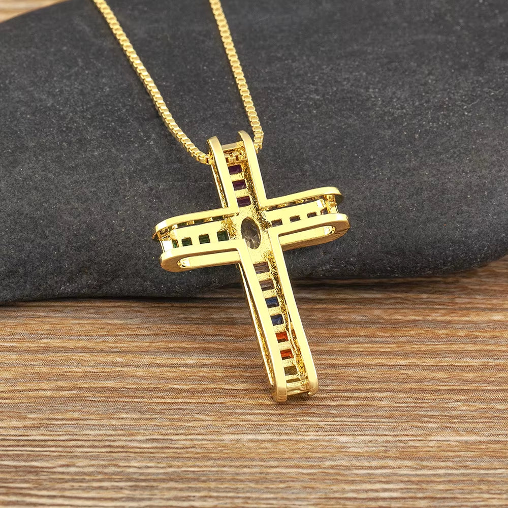 New Trendy Religious Style Inlaid Colorful Zircon Cross Pendant Necklace for Women Christian Clavicle Chain Accessories