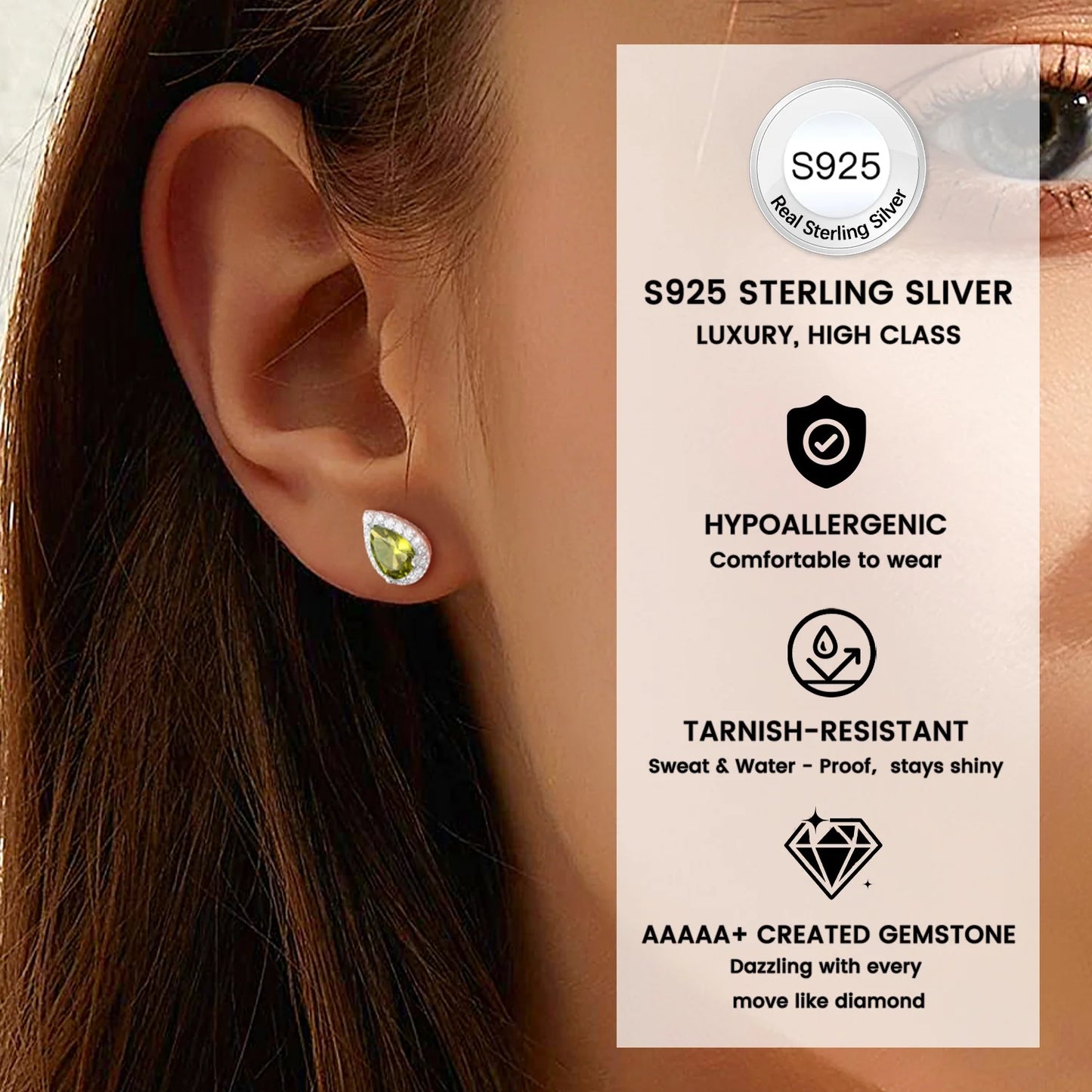 925 Sterling Silver Birthstone Stud Earrings for Women, Sparking August Teardrop Cut Diamond Earrings for Sensitive Ears