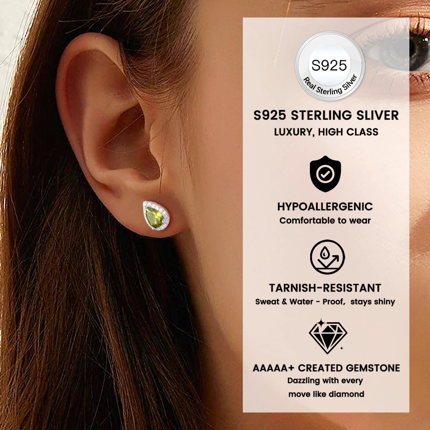 925 Sterling Silver Birthstone Stud Earrings for Women, Sparking August Teardrop Cut Diamond Earrings for Sensitive Ears