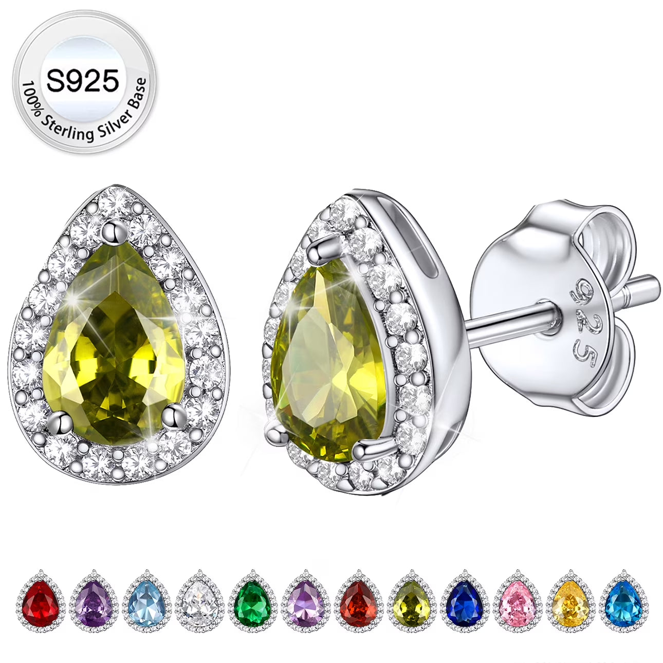 925 Sterling Silver Birthstone Stud Earrings for Women, Sparking August Teardrop Cut Diamond Earrings for Sensitive Ears