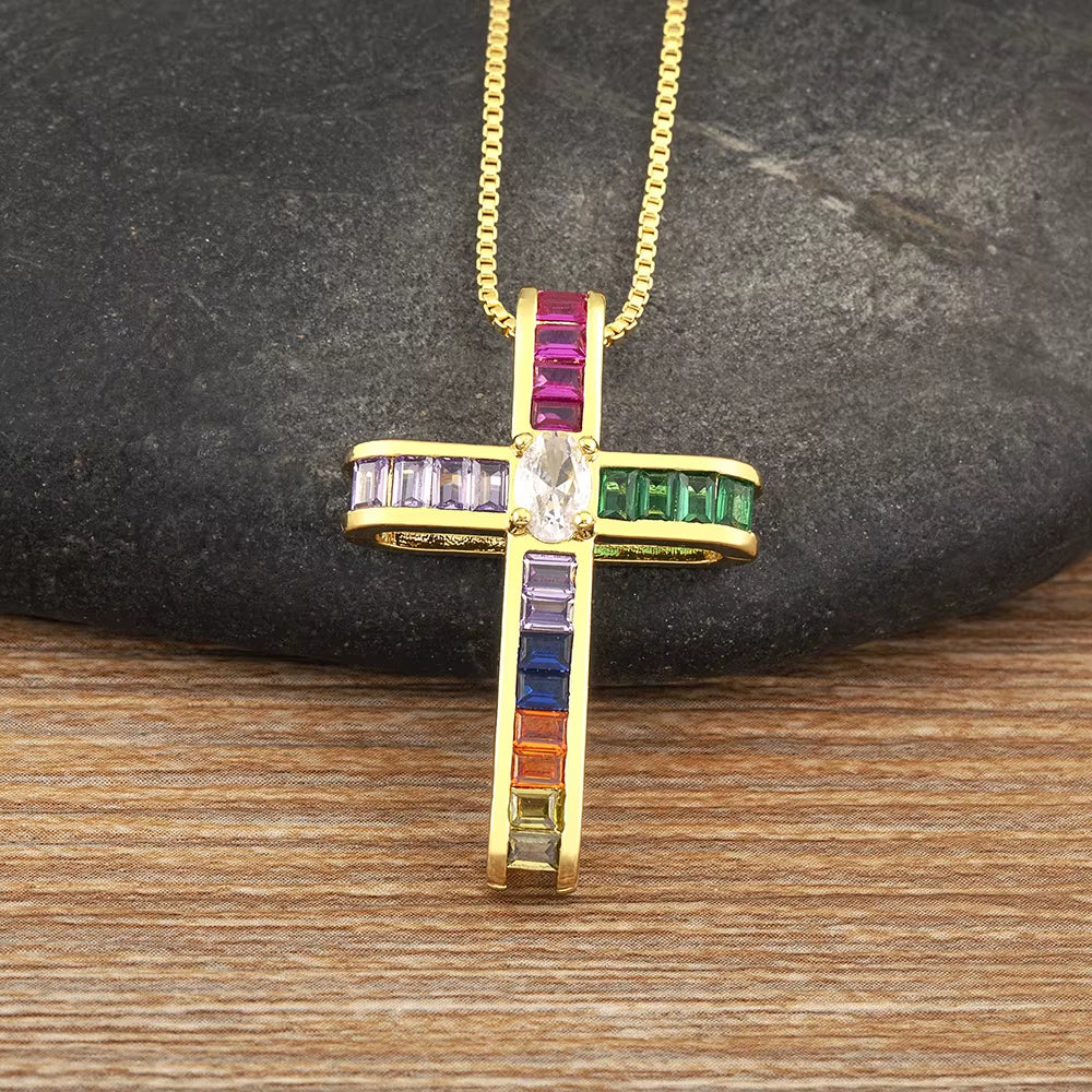 New Trendy Religious Style Inlaid Colorful Zircon Cross Pendant Necklace for Women Christian Clavicle Chain Accessories