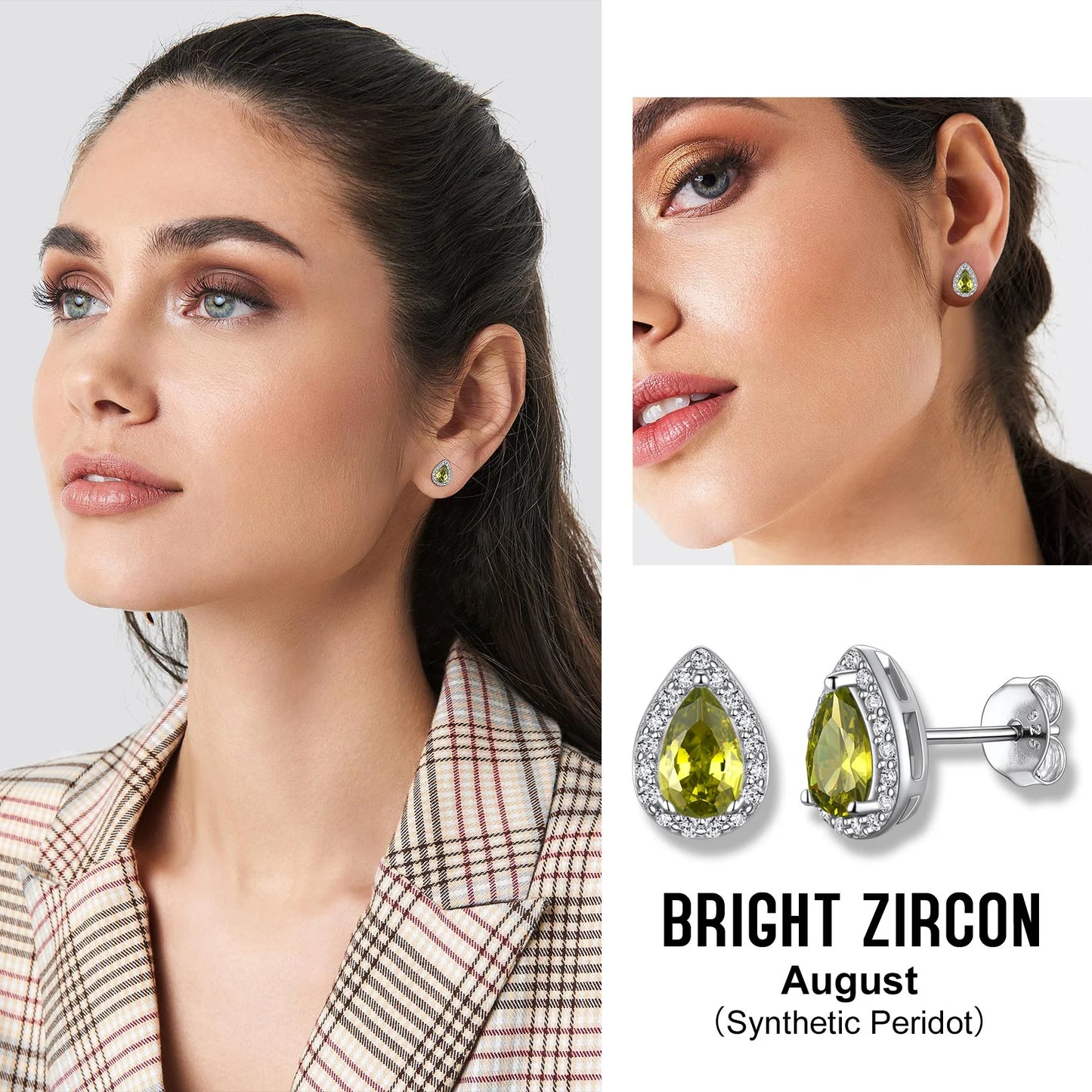 925 Sterling Silver Birthstone Stud Earrings for Women, Sparking August Teardrop Cut Diamond Earrings for Sensitive Ears