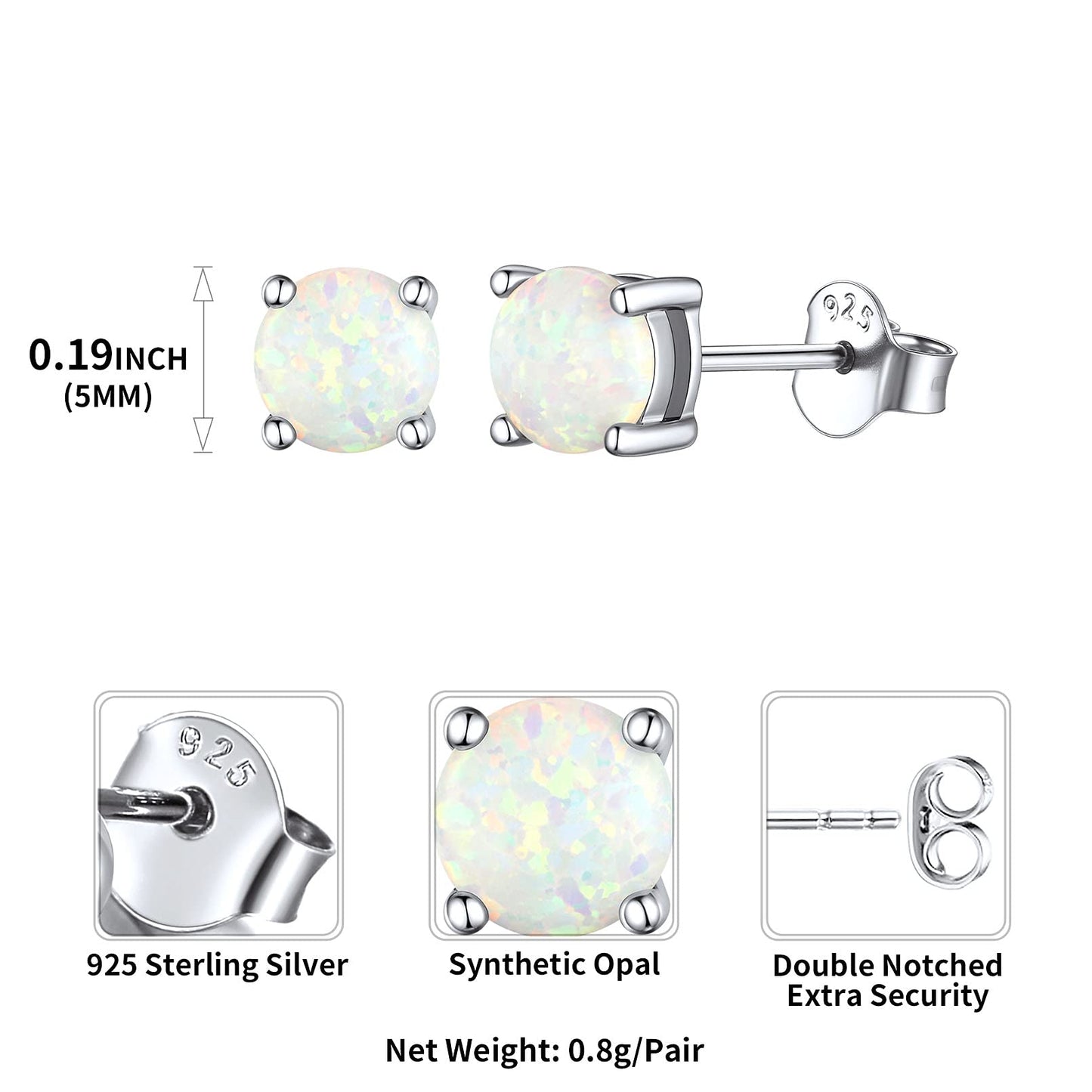 5Mm Created White Opal Stud Earrings Hypoallergenic Sterling Silver round Cut Earrings for Women October Birthstone Jewelry