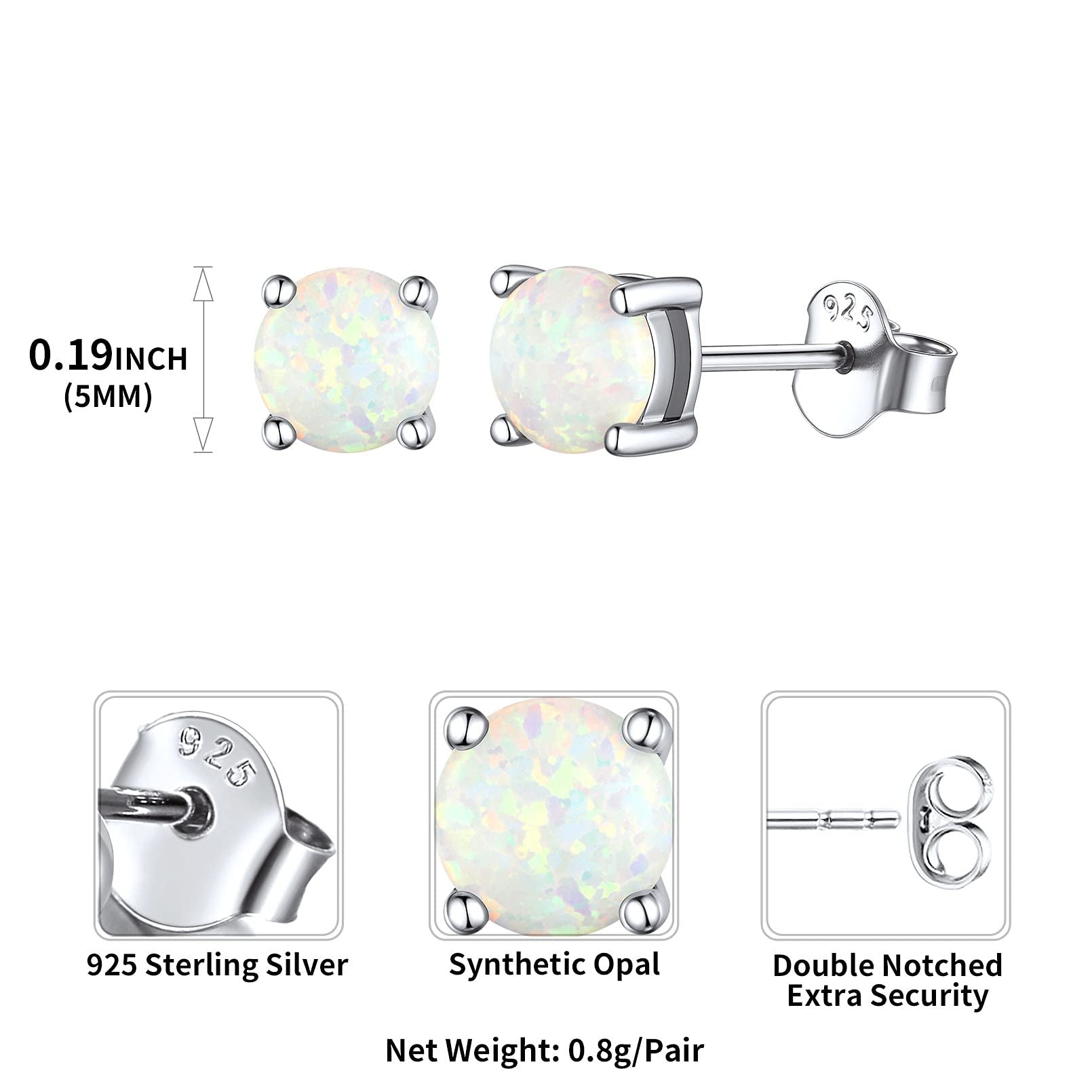 5Mm Created White Opal Stud Earrings Hypoallergenic Sterling Silver round Cut Earrings for Women October Birthstone Jewelry
