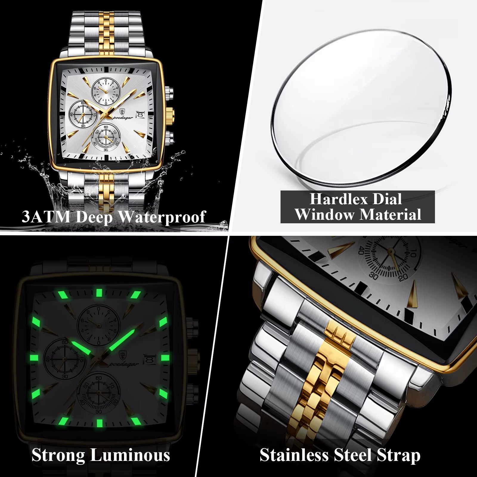Luxury Square Sport Man Wristwatch Waterproof Luminous Chronograph Quartz Men'S Watches Stainless Steel Men Watch Reloj