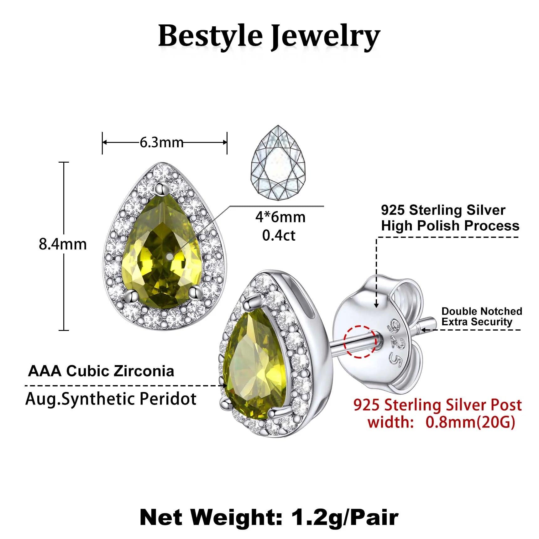 925 Sterling Silver Birthstone Stud Earrings for Women, Sparking August Teardrop Cut Diamond Earrings for Sensitive Ears