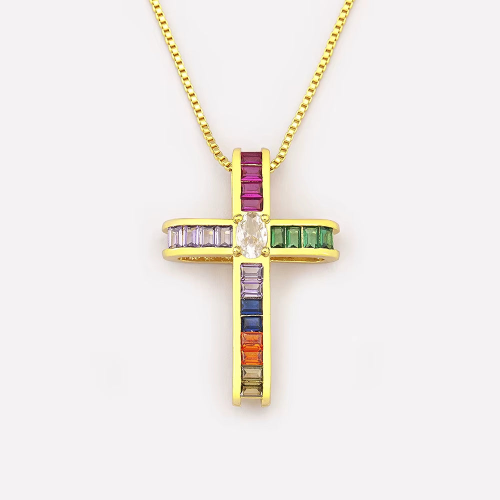 New Trendy Religious Style Inlaid Colorful Zircon Cross Pendant Necklace for Women Christian Clavicle Chain Accessories