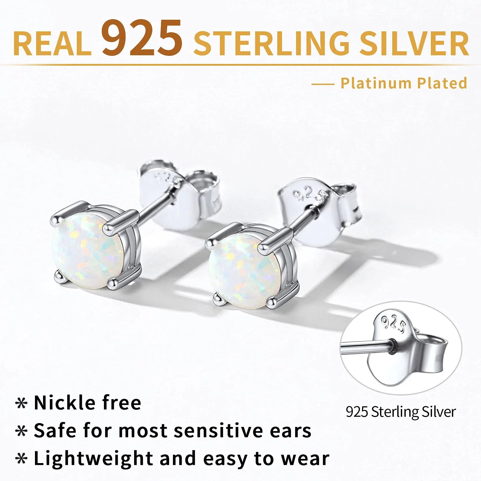 5Mm Created White Opal Stud Earrings Hypoallergenic Sterling Silver round Cut Earrings for Women October Birthstone Jewelry