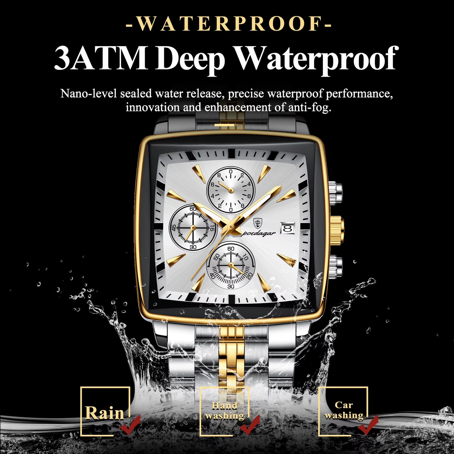 Luxury Square Sport Man Wristwatch Waterproof Luminous Chronograph Quartz Men'S Watches Stainless Steel Men Watch Reloj