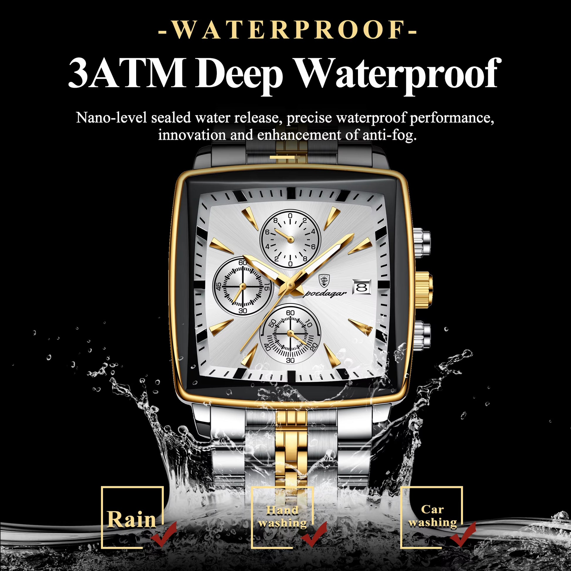 Luxury Square Sport Man Wristwatch Waterproof Luminous Chronograph Quartz Men'S Watches Stainless Steel Men Watch Reloj