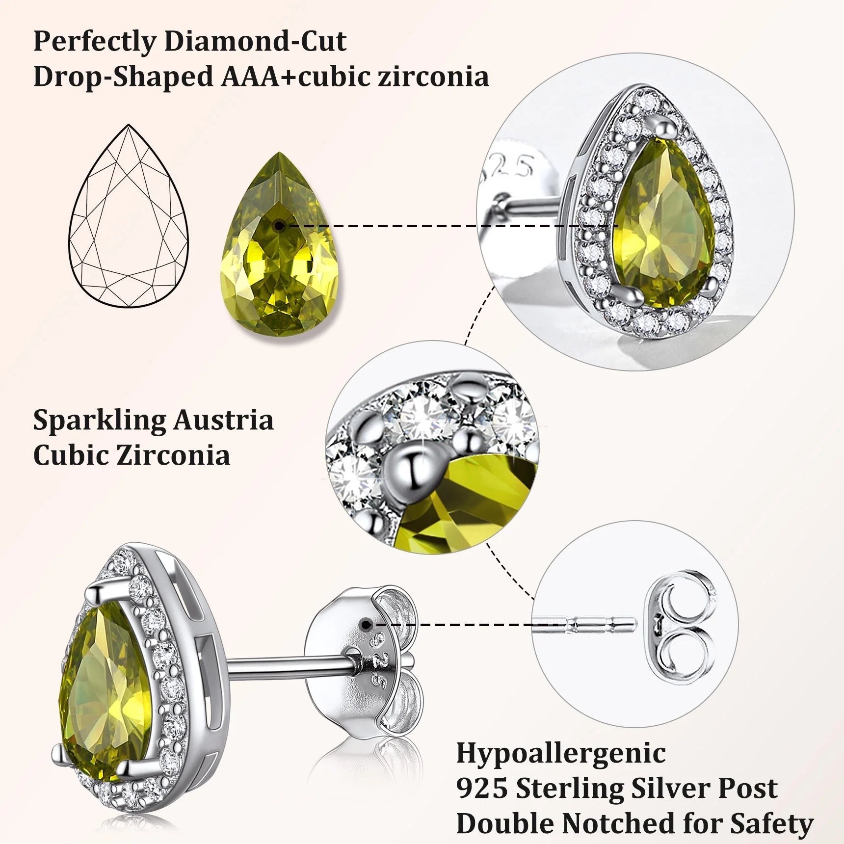 925 Sterling Silver Birthstone Stud Earrings for Women, Sparking August Teardrop Cut Diamond Earrings for Sensitive Ears